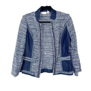 Chico's Sz 0/ US Sz S Blue Tweed Beaded Open Front‎ Jacket with Denim Pannels